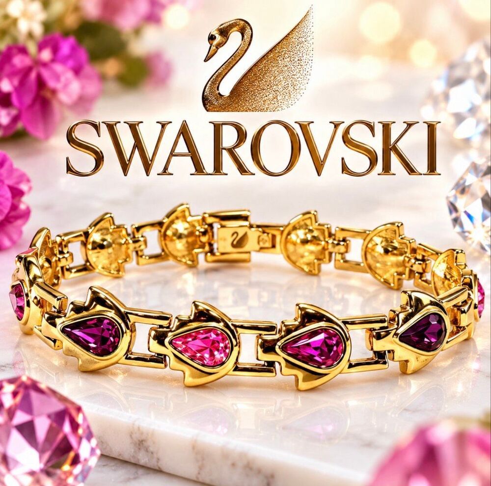 Vintage Swarovski Swan Pink Purple Crystal Gold Tone Bracelet